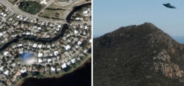 À esquerda, o suposto OVNI censurado; à direita, outra foto do Google Earth na qual supostamente haveria um disco voador. Fotos: Google Earth.