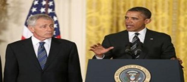 Obama y su ya ex Secretario de Defensa Hagel Chuck Obama y su ya ex Secretario de Defensa Hagel Chuck