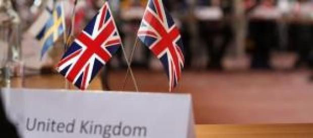 United Kingdom flag during a EU meeting United Kingdom flag during a EU meeting