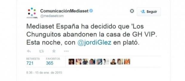Mediaset anunciando la expulsión de Los Chunguitos Mediaset anunciando la expulsión de Los Chunguitos