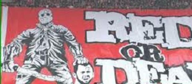 The offensive banner at the Standard Liege ground The offensive banner at the Standard Liege ground