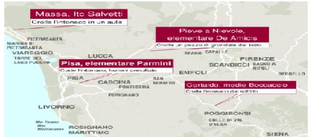 La mappa dei crolli nelle scuole della Toscana La mappa dei crolli nelle scuole della Toscana