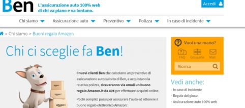 Premio Rc auto troppo caro? Il preventivo Ben è semplice, un buono Amazon ai nuovi clienti