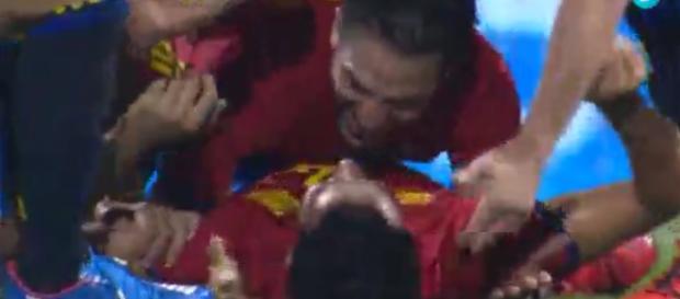 Los jugadores españoles celebrando el gol de Mario Los jugadores españoles celebrando el gol de Mario