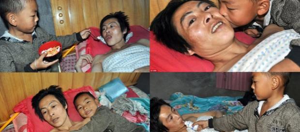 Un băieţel chinez are grijă de tatăl său paralizat Un băieţel chinez are grijă de tatăl său paralizat