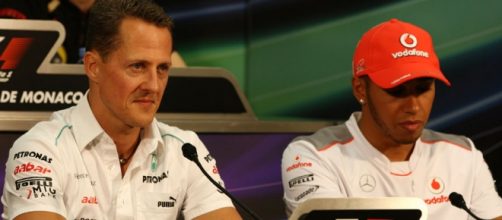 Schumacher e Hamilton in una conferenza stampa