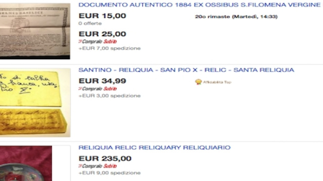 Varie reliquie in vendita su ebay