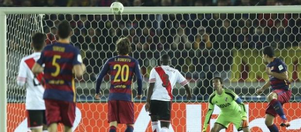 Cabezazo de Suárez que fue el 3-0 definitivo. Cabezazo de Suárez que fue el 3-0 definitivo.