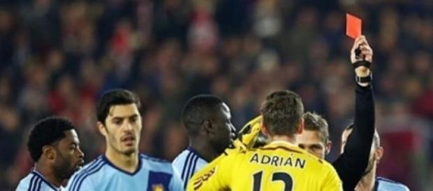 Adrián got sent-off for handling outside the area Adrián got sent-off for handling outside the area
