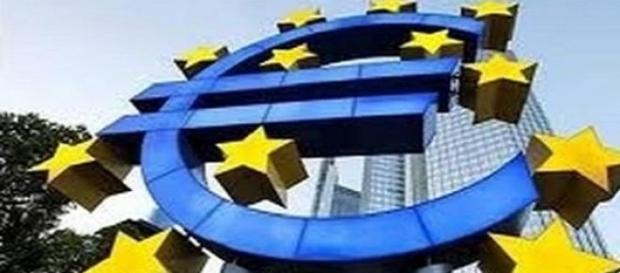 The euro sign in ECB headquarters The euro sign in ECB headquarters
