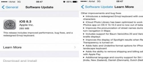 screenshot dell'aggiornamento iOS 8.3