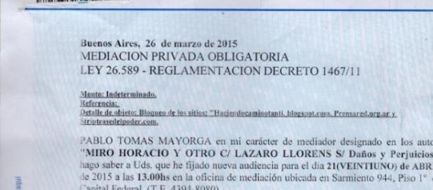 Citación del abogado de Horacio Miró al periodista Citación del abogado de Horacio Miró al periodista
