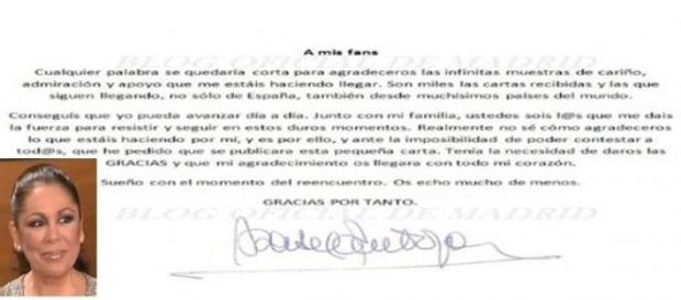 Carta de Isabel Pantoja a sus fans Carta de Isabel Pantoja a sus fans