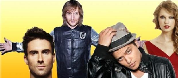 Maroon 5, David Guetta, Bruno Mars e Taylor Swift. Maroon 5, David Guetta, Bruno Mars e Taylor Swift.
