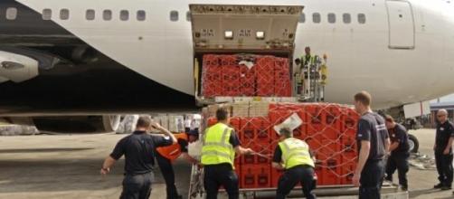 Unloading of relief supplies at Tribhuvan Airport