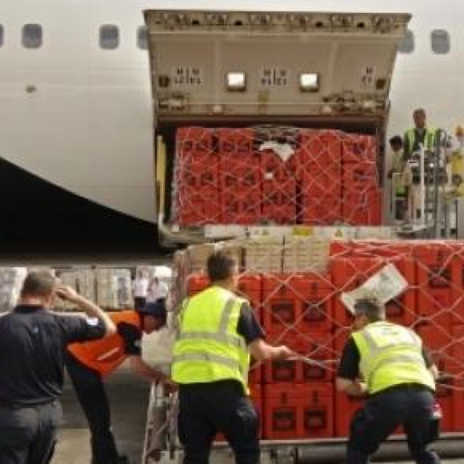 Unloading of relief supplies at Tribhuvan Airport