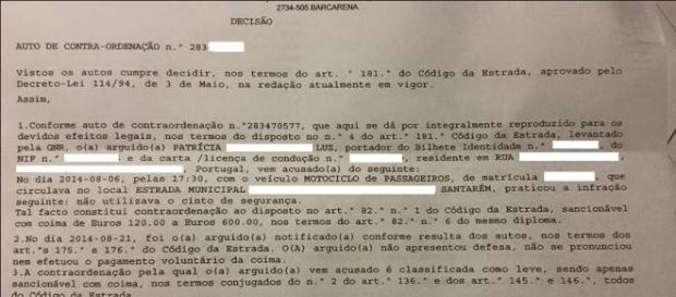 Multa recebida em casa pela jovem Multa recebida em casa pela jovem