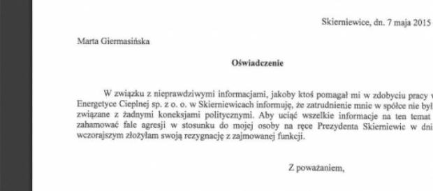 Oświadczenie Marty Giermasińskiej o rezygnacji Oświadczenie Marty Giermasińskiej o rezygnacji