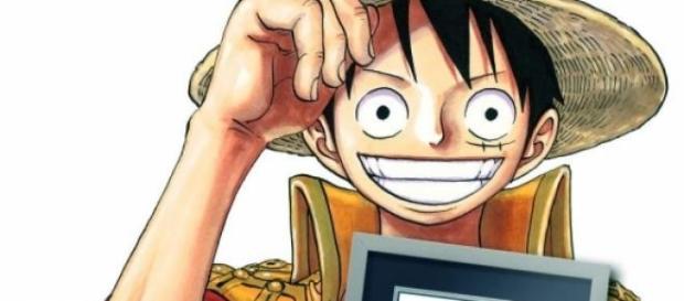 Luffy sosteniendo la condecoración Luffy sosteniendo la condecoración
