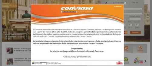 El anuncio apareció en la página web de CONVIASA
