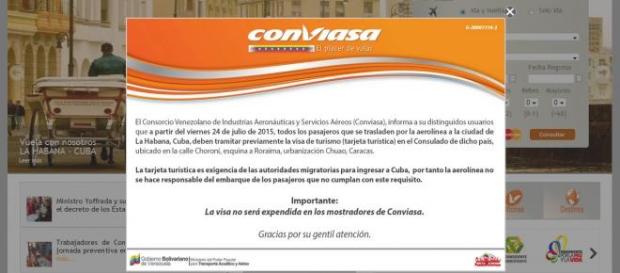 El anuncio apareció en la página web de CONVIASA El anuncio apareció en la página web de CONVIASA