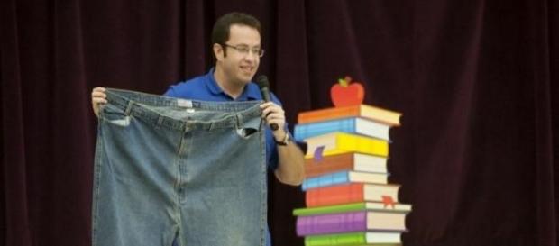 Jared Fogle hold up his one time jeans Jared Fogle hold up his one time jeans