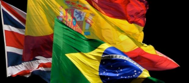 Bandeiras dos Estados Unidos, Espanha e Brasil. Bandeiras dos Estados Unidos, Espanha e Brasil.