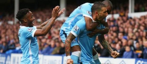 Manchester City celebrating their opener. Manchester City celebrating their opener.