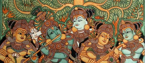 Krishna suona il flauto, pitture murali del Kerala
