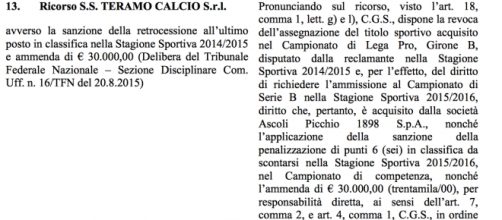 La sentenza che condanna il Teramo alla Lega Pro