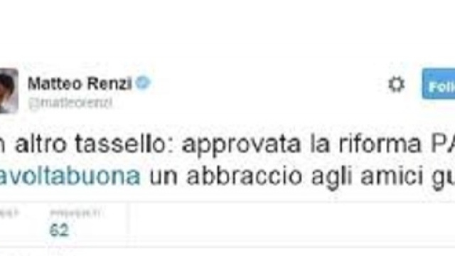 Il tweet di Renzi dopo approvazione riforma PA