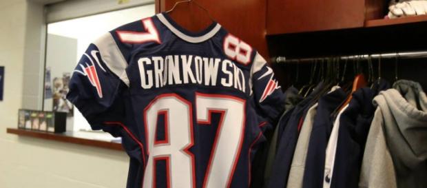 Rob Gronkowski's jersey hangs in the locker room. Rob Gronkowski's jersey hangs in the locker room.