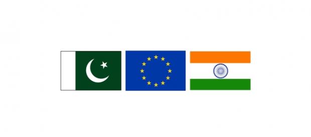Pakistan, European Union and India flags Pakistan, European Union and India flags