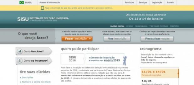Página de inscrição do Sisu.Reprodução MEC Página de inscrição do Sisu.Reprodução MEC