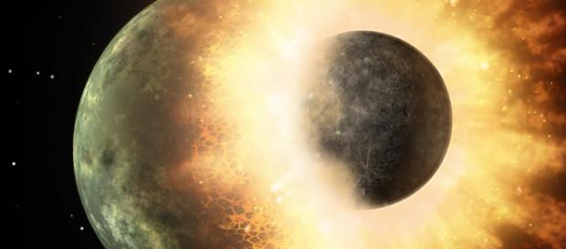 Terra se chocou com outro mundo, originando a Lua. Terra se chocou com outro mundo, originando a Lua.