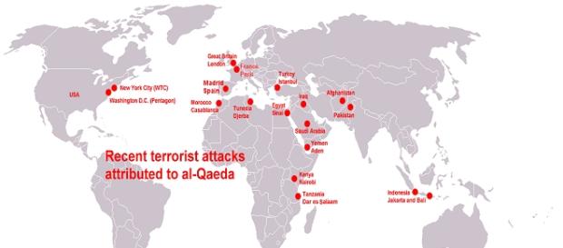 Mapa de los ataques recientes de Al-Qaeda Mapa de los ataques recientes de Al-Qaeda