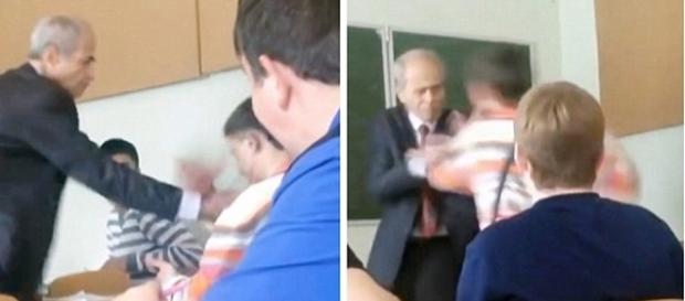 Imagens mostram o momento em que o estudante parte para cima do professor idoso. Imagens mostram o momento em que o estudante parte para cima do professor idoso.