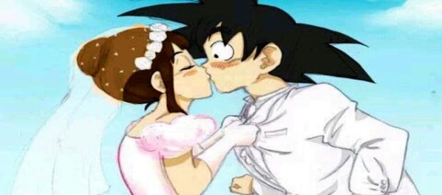 Milk besando a Goku en Dragon Ball Milk besando a Goku en Dragon Ball