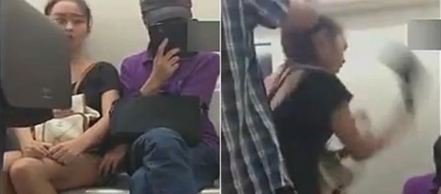 Na primeira cena, é possível ver o momento em que o homem passa a mão na mulher e depois a reação dela Na primeira cena, é possível ver o momento em que o homem passa a mão na mulher e depois a reação dela