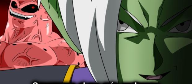 Zamasu y Majin Buu se enfrentan en una intensa batalla. Zamasu y Majin Buu se enfrentan en una intensa batalla.