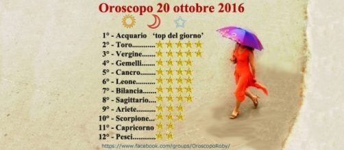 Oroscopo del giorno | previsioni di domani 20 ottobre 2016 - Acquario segno 'top del giorno' con Toro e Vergine.
