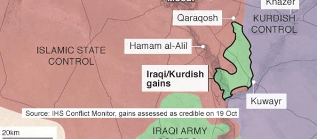 Avancées coalisées et territoires repris à Daesh près de Mossoul le 19 oct. vers midi Avancées coalisées et territoires repris à Daesh près de Mossoul le 19 oct. vers midi