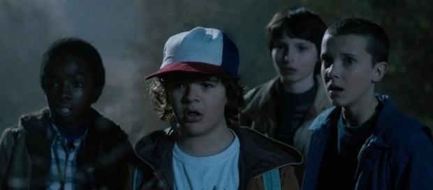 Millie Bobby Brown, Finn Wolfhard, Gaten Matarazzo, Caleb McLaughlin in Stranger Things | Courtesy of Netflix (netflix.com - used with permission) Millie Bobby Brown, Finn Wolfhard, Gaten Matarazzo, Caleb McLaughlin in Stranger Things | Courtesy of Netflix (netflix.com - used with permission)
