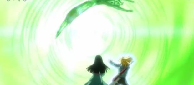 Imagen de Trunks haciendo el Mafuba con la ayuda de Mai Imagen de Trunks haciendo el Mafuba con la ayuda de Mai