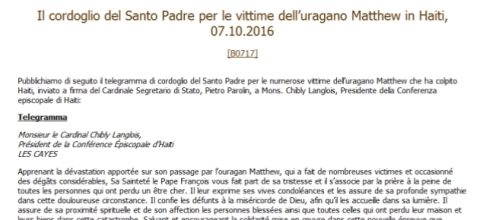 Il telegramma inviato dal Vaticano