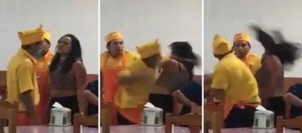A foto mostra que um dos homens que atendiam as mesas do restaurante, não controlou a raiva e agrediu uma cliente. A foto mostra que um dos homens que atendiam as mesas do restaurante, não controlou a raiva e agrediu uma cliente.