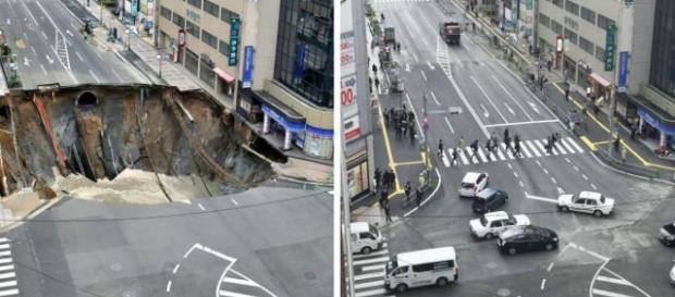 Cratera gigantes aparece em avenida movimentada do Japão e é consertada em 48h. Cratera gigantes aparece em avenida movimentada do Japão e é consertada em 48h.