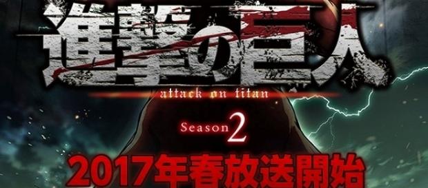 Textual: "Shingeki no Kyoujin 2, transmisiones en la temporada de primavera de 2017". Textual: "Shingeki no Kyoujin 2, transmisiones en la temporada de primavera de 2017".