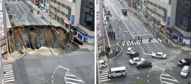 Antes e depois da cratera consertada em Fukuoka no Japão Antes e depois da cratera consertada em Fukuoka no Japão