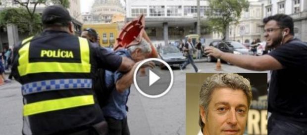 Caco apanha em manifestação - Montagem Caco apanha em manifestação - Montagem